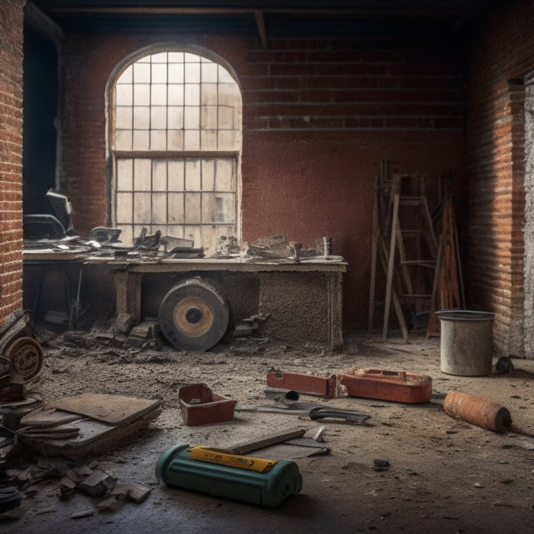 A cluttered workshop background with a small, partially demolished brick wall in the center, surrounded by various concrete saws, blades, and safety goggles, with a faint outline of a renovation plan on the wall.