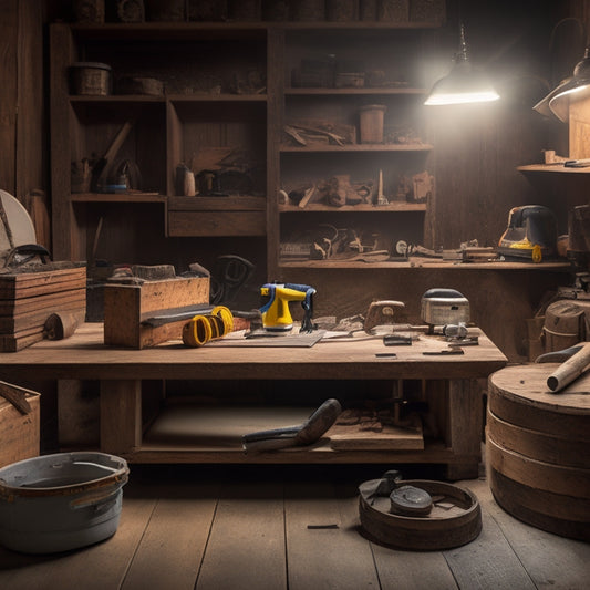 A clutter-free, well-lit workshop background with a variety of edging tools arranged neatly on a wooden workbench, including a router, jigsaw, and circular saw, surrounded by renovation materials.