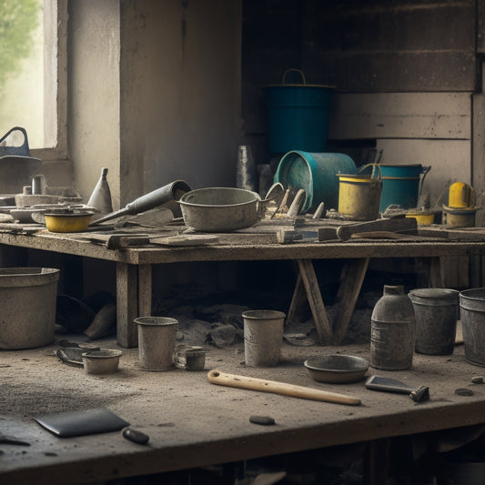 A messy workshop background with various concrete trowels of different sizes and shapes scattered around, with a few lying on a workbench, surrounded by concrete mixing tools and buckets.