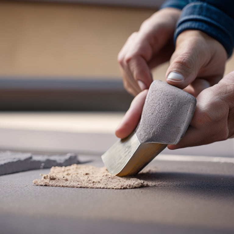 A close-up of a person's hands holding a trowel and a putty knife, surrounded by a variety of textured exterior wall finishes, including stucco, brick, and stone, with a blurred cityscape background.