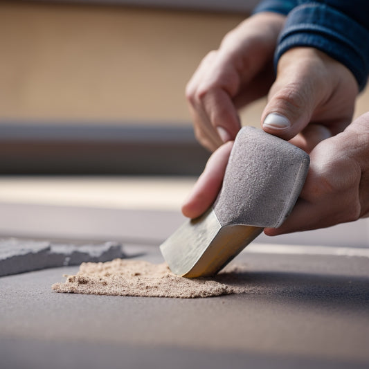 A close-up of a person's hands holding a trowel and a putty knife, surrounded by a variety of textured exterior wall finishes, including stucco, brick, and stone, with a blurred cityscape background.