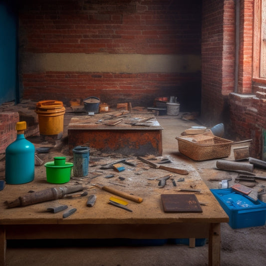 A cluttered workshop table with five joint filling tools laid out in a row, surrounded by scattered blocks, mortar, and renovation debris, with a faint background of a brick wall under construction.