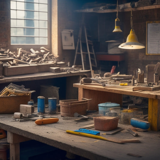A cluttered workbench with various trowels and floats of different sizes and materials, surrounded by renovation tools and building materials, with a blurred background of a construction site.