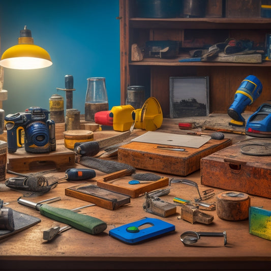 A cluttered workshop table with a variety of tools and materials, including a cordless drill, level, tape measure, safety goggles, and a partially completed DIY project in the background.