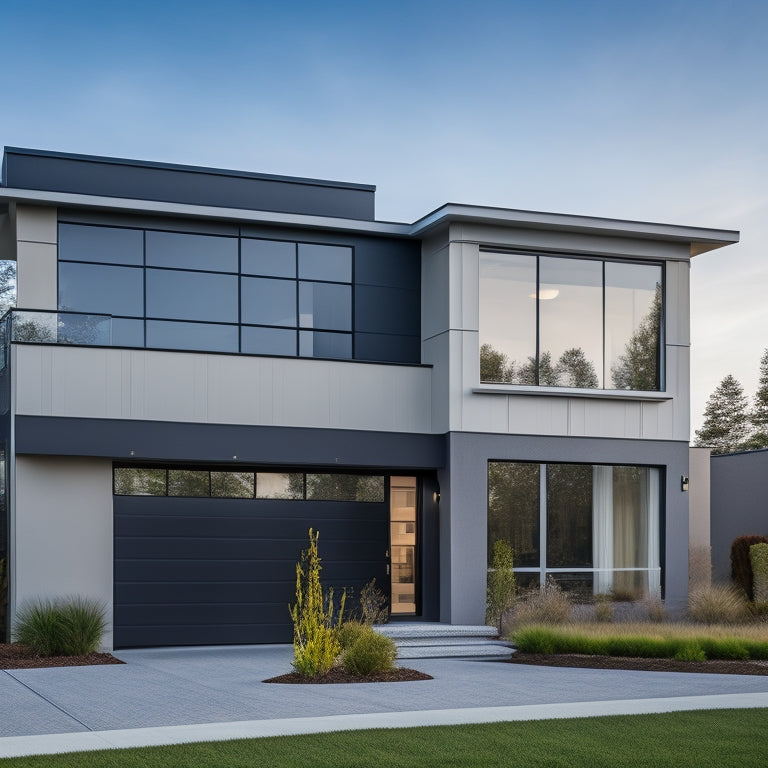An image of a modern, two-story home with alternating horizontal and vertical block cladding in shades of gray, beige, and white, showcasing different textures and materials.
