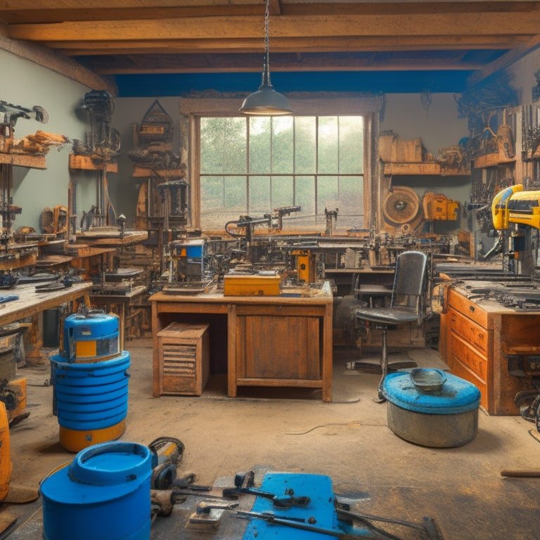 A cluttered workshop with various manufacturing equipment, power tools, and machinery, surrounded by half-finished renovation projects, with a prominent circular saw and drill press in the center.