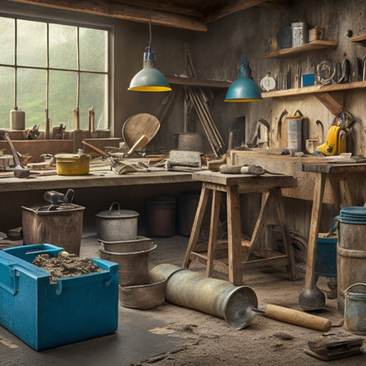 A cluttered workshop background with a central wooden workbench, surrounded by various concrete tools, including a trowel, level, edger, float, and mixer, with a concrete bucket and wheelbarrow in the corner.