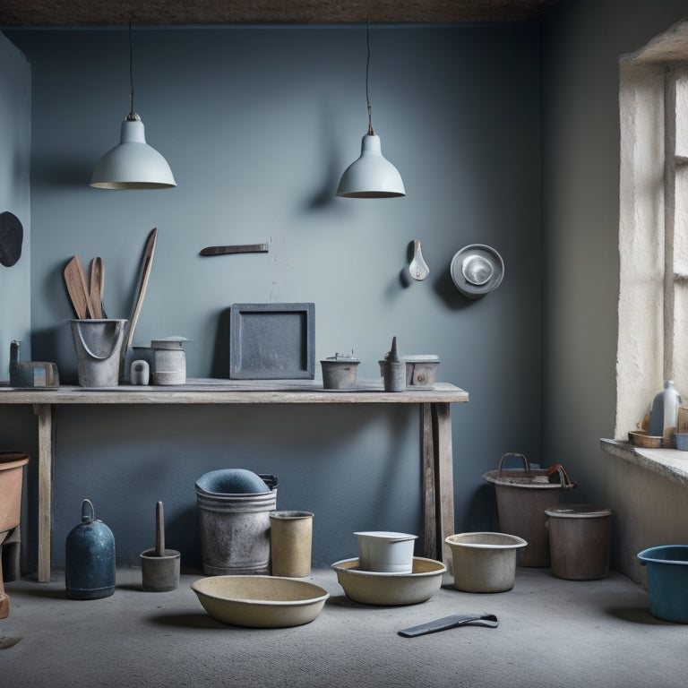 A tidy, well-lit workshop with neatly organized renovation tools, including putty knives, trowels, sandpaper, and joint compound buckets, surrounding a freshly plastered wall with subtle texture and slight sheen.