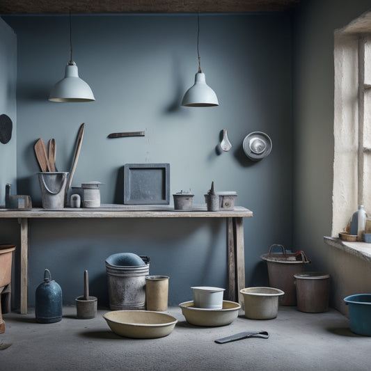 A tidy, well-lit workshop with neatly organized renovation tools, including putty knives, trowels, sandpaper, and joint compound buckets, surrounding a freshly plastered wall with subtle texture and slight sheen.