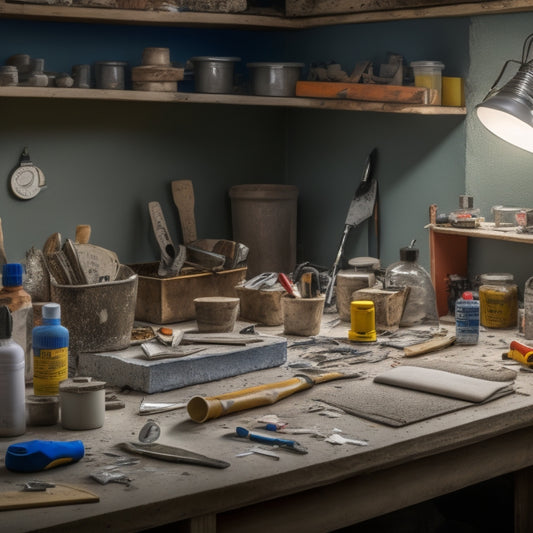 A cluttered workbench with various joint filling tools scattered around, including a putty knife, joint knife, trowel, and caulk gun, surrounded by half-finished drywall and scattered joint compound.