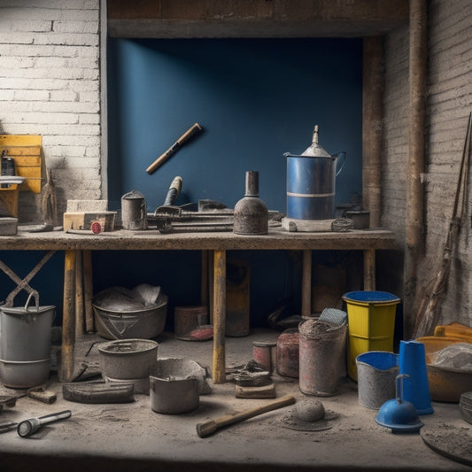 A cluttered but organized workspace with a variety of concrete tools, including a cement mixer, trowels, level, and safety gear, surrounded by renovation materials like bricks and pipes.