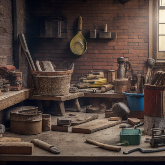 A cluttered workshop background with a variety of block laying tools neatly organized on a wooden table, including trowels, levels, spirit levels, and jointing tools, with a few scattered bricks and mortar.