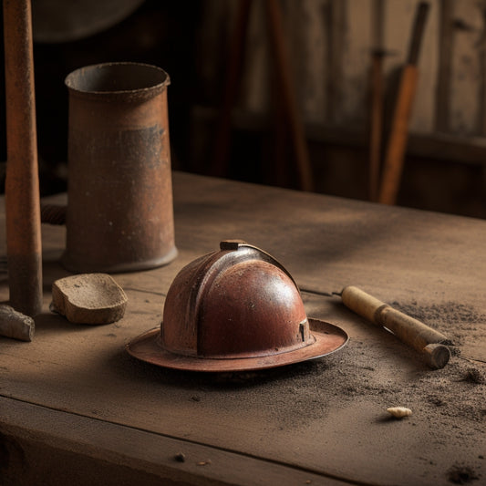 A dusty, worn-out hard hat lies beside a vintage hammer on a worn wooden floorboard, surrounded by crumbling plaster and rusty pipes, with a faint silhouette of a worker in the background.