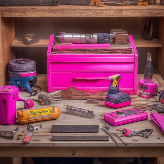 A cluttered yet organized workshop table with a pink power drill, a level, a cordless impact driver, a tape measure, and a set of pliers scattered around a worn wooden toolbox.