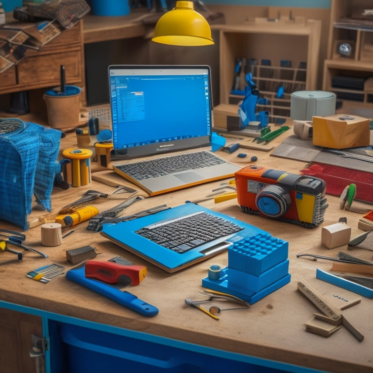 A cluttered workstation with a laptop, blueprints, and various block-based building materials like LEGO, KAPOK, and wooden blocks, surrounded by scattered tools like hammers, screwdrivers, and tape measures.