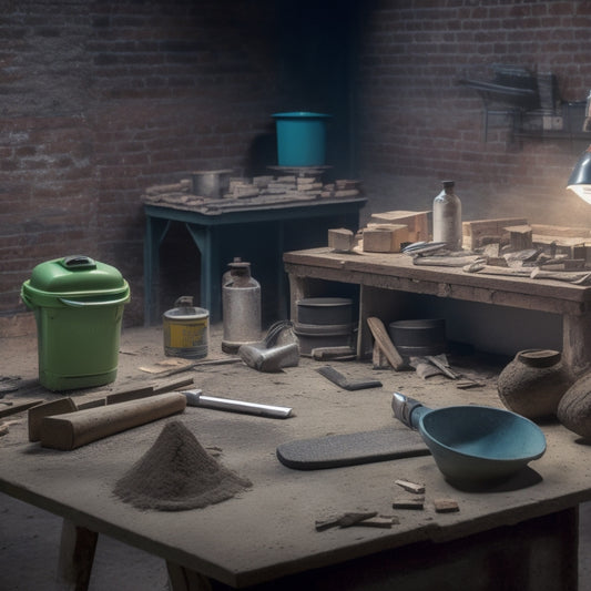 A cluttered workshop table with a cinder block wall in the background, featuring a level, trowel, jointer, mixing bucket, and safety goggles, surrounded by scattered mortar and brick fragments.