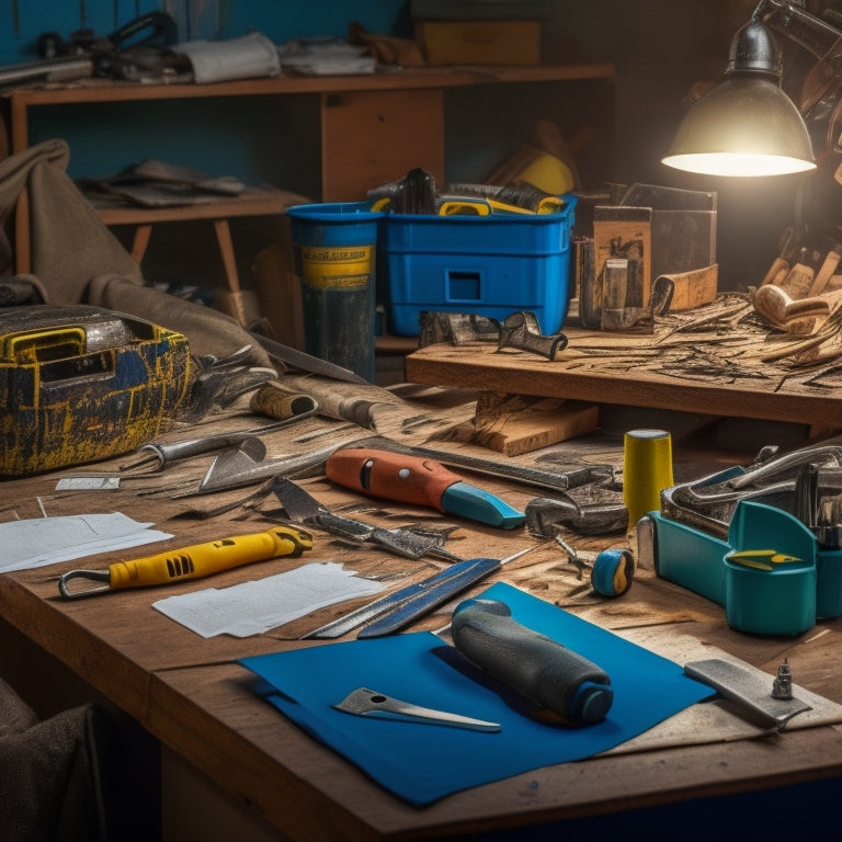 A cluttered workbench with a variety of renovation tools, including a tape measure, level, pliers, wrench, and utility knife, surrounded by scattered blueprints and scattered screws.