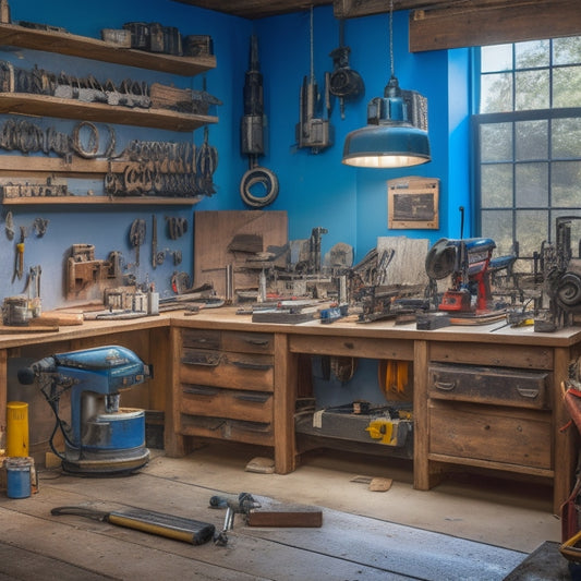 A cluttered but organized workshop with various finish equipment tools, including a miter saw, orbital sander, and drill press, surrounded by wooden planks, paint cans, and renovation materials.