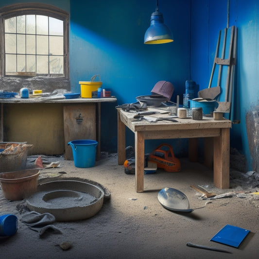 A messy DIY workspace with a cracked concrete floor, scattered tools, and a partially filled hole, alongside a nearby bucket of mixed concrete and a trowel, with a subtle hint of a renovated room in the background.