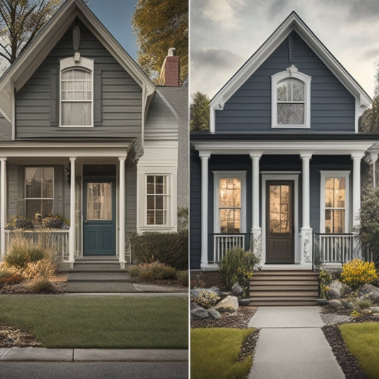 A split-screen illustration showcasing a before-and-after exterior renovation, with a worn-out facade on the left and a modern, revamped exterior on the right, featuring a mix of tools and materials.