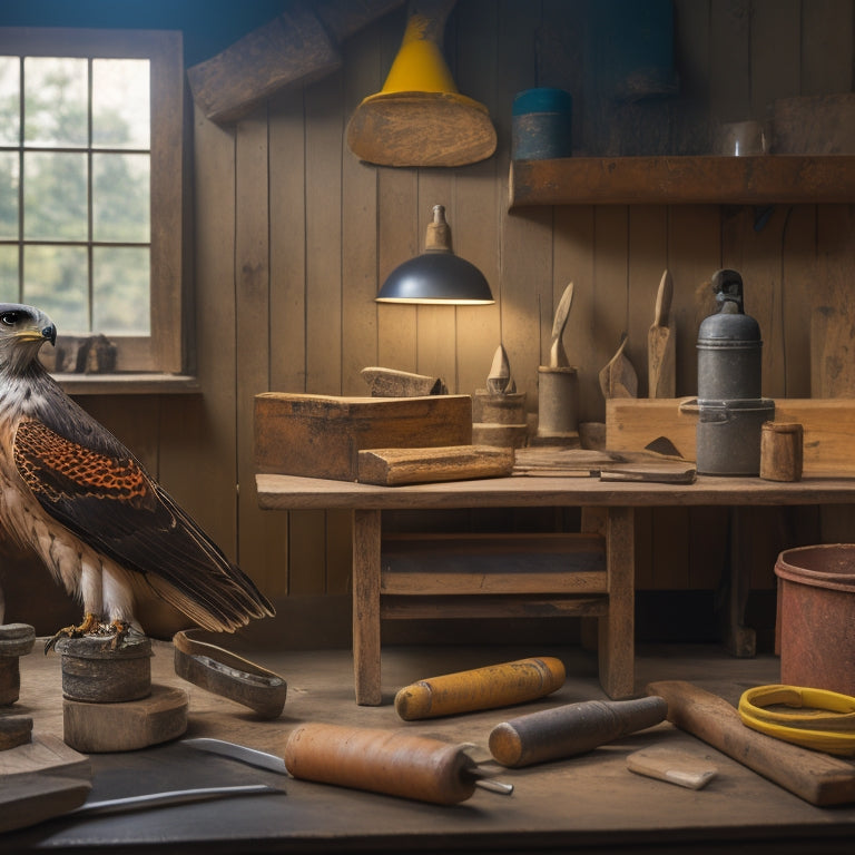 A well-lit workshop background with a selection of plastering tools, including a hawk, trowel, joint knife, and sanding block, arranged neatly on a wooden workbench, with a plastering job in progress in the background.