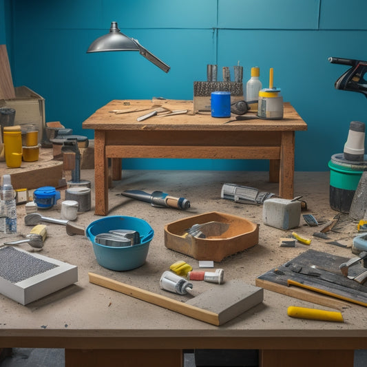 A cluttered workshop table with various block joint sealing tools scattered across it, including a caulking gun, sealant tubes, and a notched trowel, surrounded by blocks and mortar.