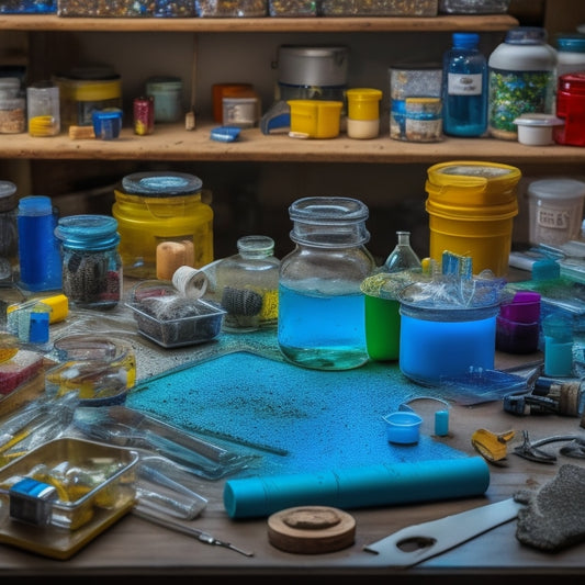 A cluttered workshop table with various injection resin kits, tools, and materials scattered around, including epoxy, polyurethane, and acrylic resins, with a half-finished DIY home renovation project in the background.