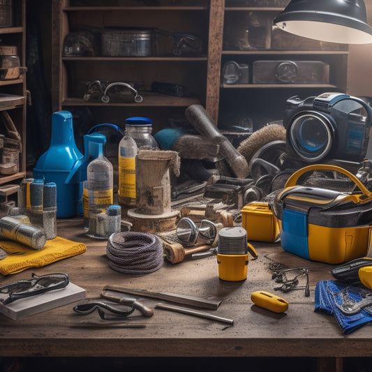 A cluttered workshop table with a variety of safety gears, including goggles, hard hats, earplugs, gloves, and a first-aid kit, surrounded by power tools and renovation materials.