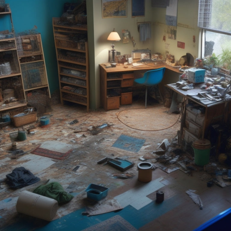 A messy, cluttered room with torn-out flooring, exposed wires, and scattered tools, contrasted with a pristine, renovated space in the background, with a subtle blueprint or floor plan overlay.