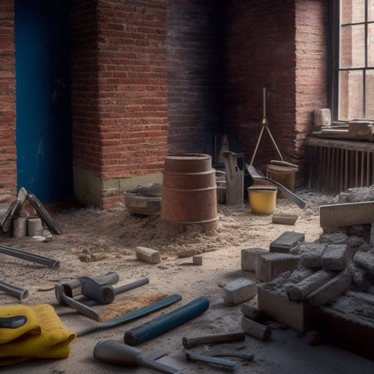 A messy renovation site with scattered bricks, mortar, and dust, featuring a prominent brick block in the center, surrounded by various splitting tools, including a hammer, chisel, and demolition saw.