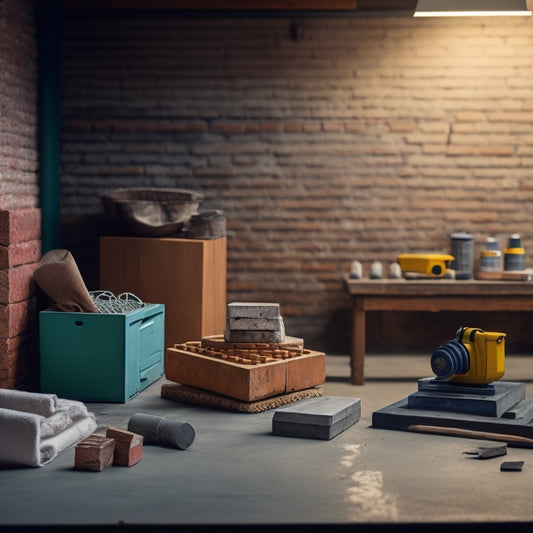 A clean, modern workshop background with a block making machine centered, surrounded by neatly stacked concrete blocks, bricks, and a few scattered trowels and gloves.