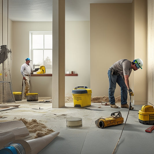 A messy construction site with half-installed flooring, scattered tools, and a worker in the background, surrounded by drywall dust, measuring a gap between two walls with a tape measure.