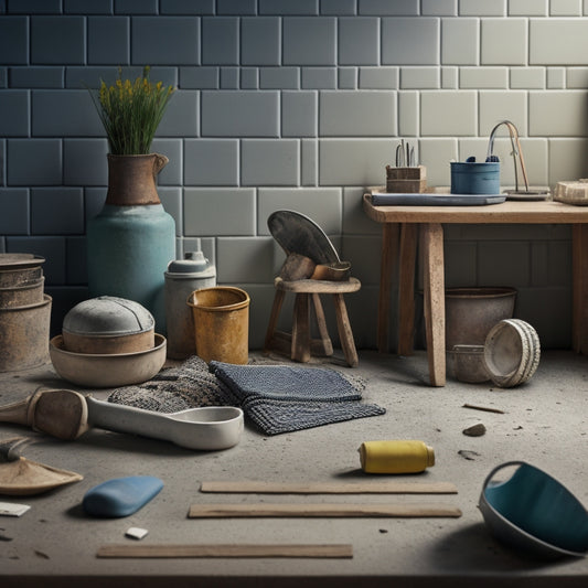 A cluttered workspace with various trowels scattered around a half-finished tile installation, with one ideal trowel standing upright in a bucket of mortar, surrounded by perfectly aligned tiles.