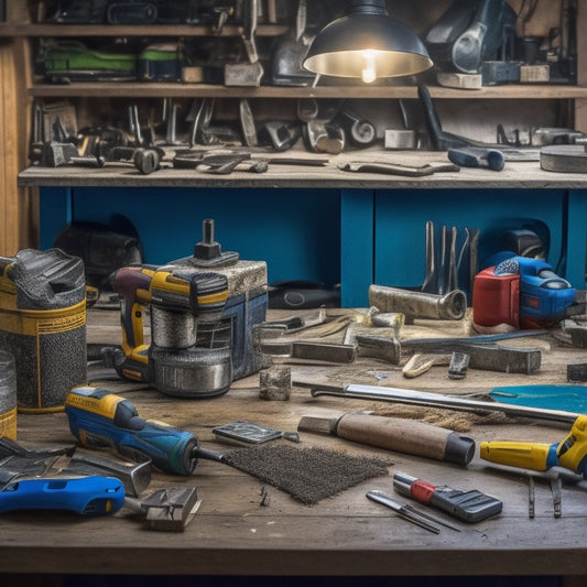 A cluttered workbench with various home renovation tools scattered around, including a cordless drill, level, tape measure, and wrench, with a few scattered DIY project plans in the background.