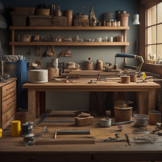 An organized workshop with a wooden workbench, surrounded by DIY tools and materials, featuring a half-finished wooden shelf with a measuring tape and level on top.