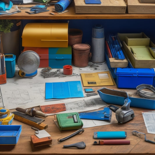 A cluttered, yet organized, workshop background with scattered renovation tools, blueprints, and calculators, surrounded by colored folders and binders with tabs labeled with renovation categories.