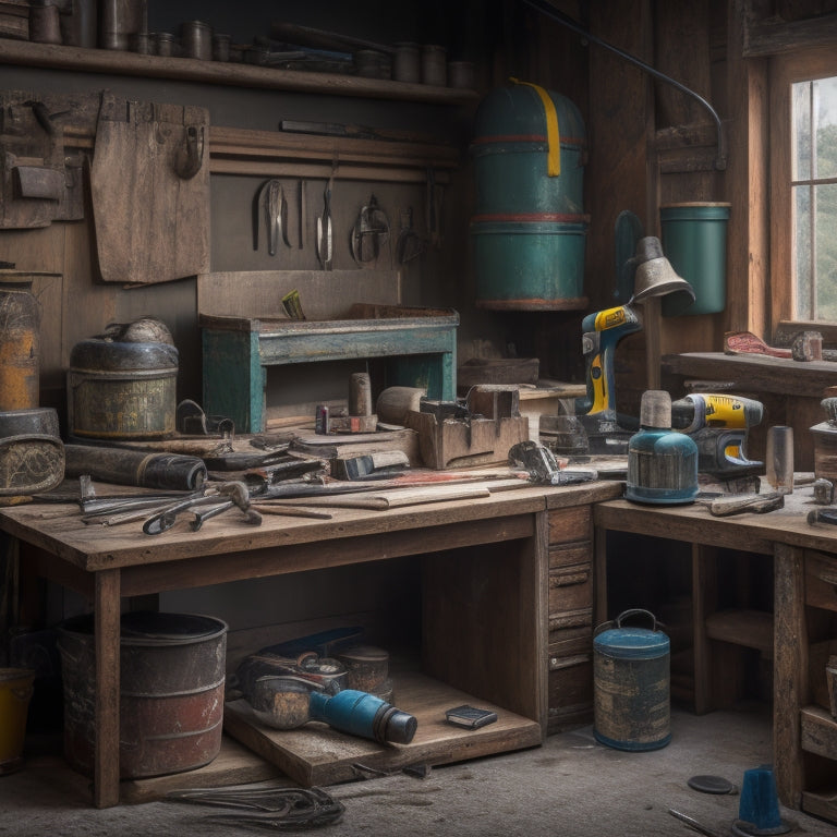 A cluttered workbench with a variety of tools, including a cordless drill, level, and tape measure, surrounded by renovation materials like lumber, pipes, and paint cans, with a subtle background of a partially renovated room.