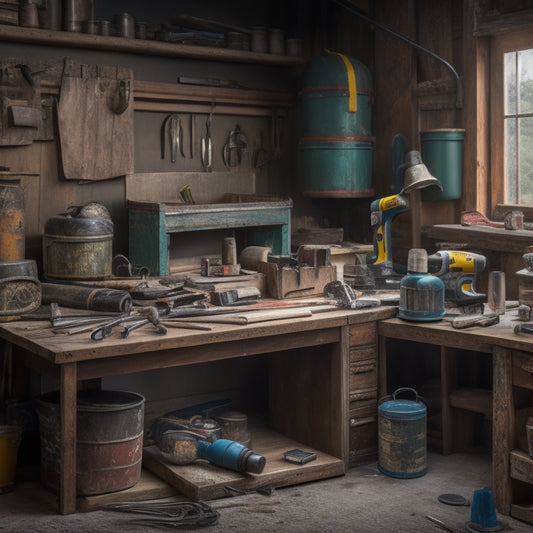 A cluttered workbench with a variety of tools, including a cordless drill, level, and tape measure, surrounded by renovation materials like lumber, pipes, and paint cans, with a subtle background of a partially renovated room.