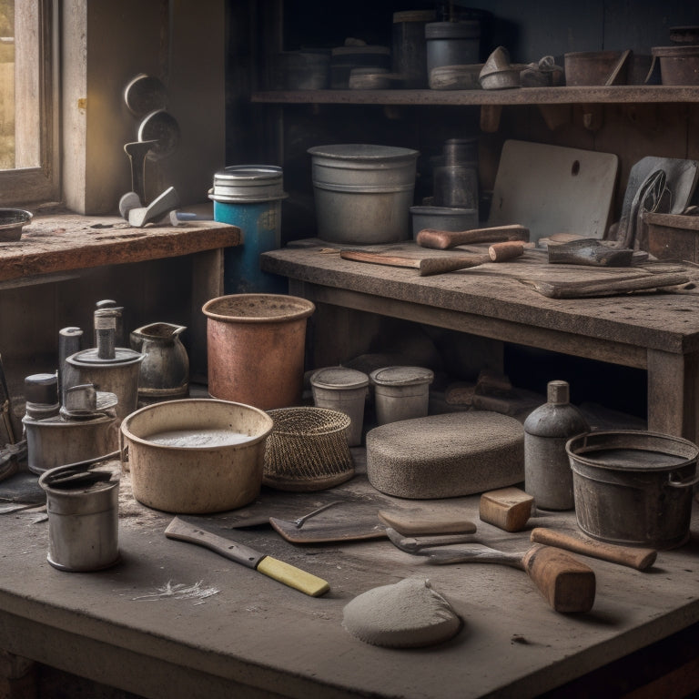 A cluttered workbench with a worn, wooden-handled trowel, a putty knife with a scratched blade, a small, rusty bucket, a wire brush, and a heap of white plaster powder, surrounded by scattered renovation tools.