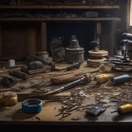 A cluttered workshop table with various power tools, including a circular saw, drill press, and impact driver, surrounded by scattered wood shavings, metal scraps, and a faint blueprint in the background.
