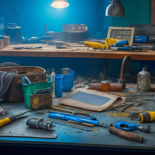 A messy workshop background with scattered tools, blueprints, and renovation materials, featuring a central clipboard with a partially filled checklist, surrounded by various repair tools and a hammer.