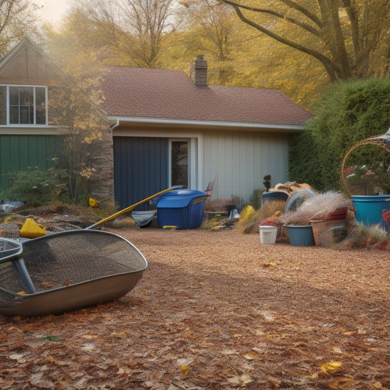 A cluttered backyard with various rakes of different shapes, sizes, and materials scattered around, with a partially renovated house in the background, surrounded by fallen leaves and scattered debris.