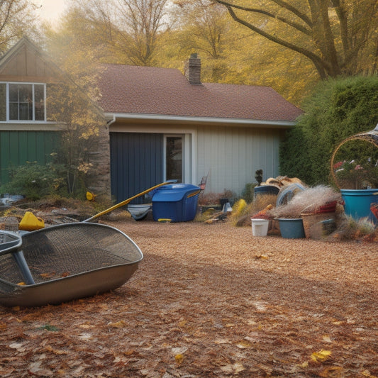 A cluttered backyard with various rakes of different shapes, sizes, and materials scattered around, with a partially renovated house in the background, surrounded by fallen leaves and scattered debris.