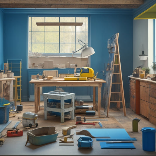 An organized workshop with various renovation tools and equipment, surrounded by architectural blueprints, a ladder, and a piggy bank, with a subtle hint of a house renovation in the background.