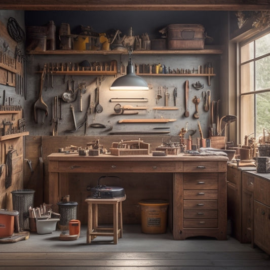 A clutter-free workshop with a wooden workbench in the center, surrounded by neatly organized toolboxes, a pegboard with hung tools, and a few strategically placed power tools, lit by soft, natural light.