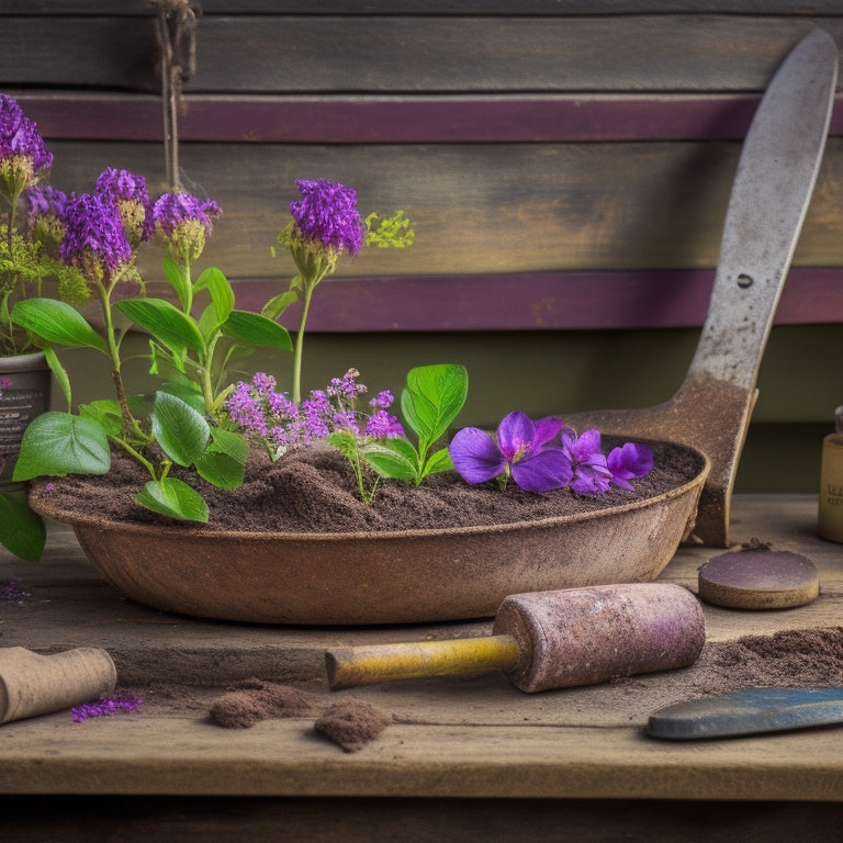 A worn, rusty old gardening trowel lies on a weathered wooden workbench, surrounded by scattered paint swatches, sandpaper, and a small potted plant with bright green leaves and vibrant purple flowers.