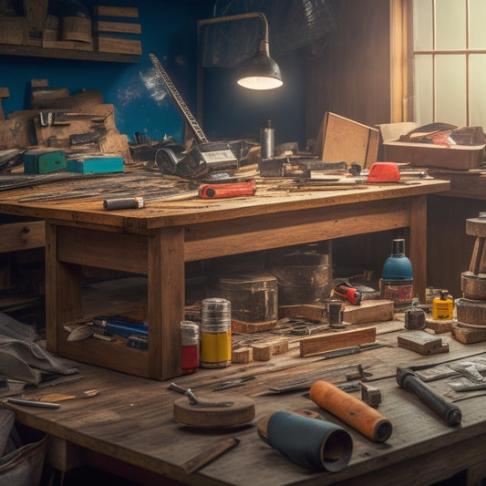 A cluttered workbench with a hammer, tape measure, level, and cordless drill surrounded by scattered blueprints, wooden planks, and scattered renovation debris.