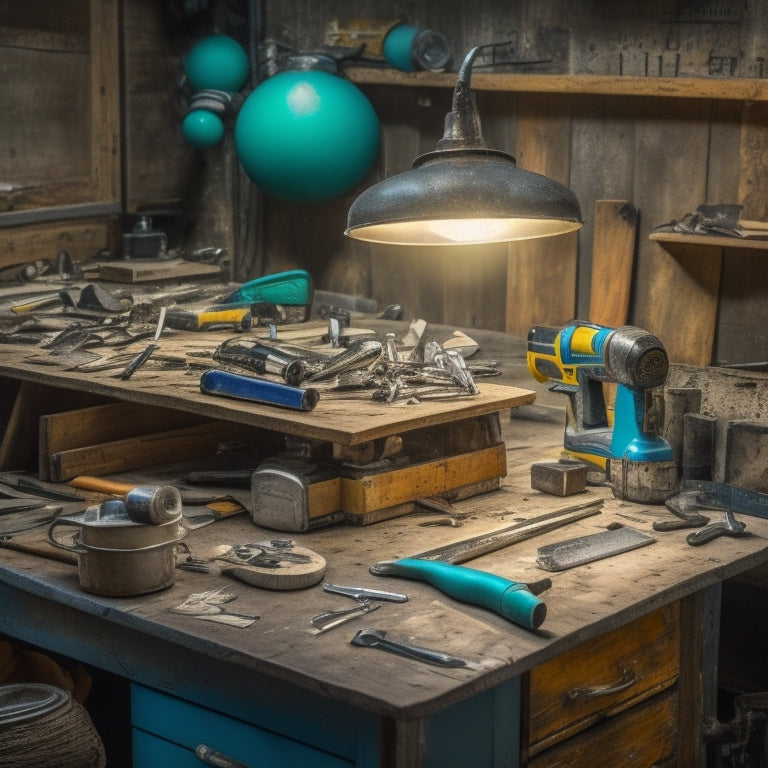 A cluttered workbench with a mix of shiny new power tools, worn-out hand tools, and scattered renovation materials, surrounded by half-finished DIY projects and scattered blueprints.
