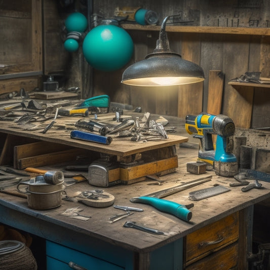 A cluttered workbench with a mix of shiny new power tools, worn-out hand tools, and scattered renovation materials, surrounded by half-finished DIY projects and scattered blueprints.