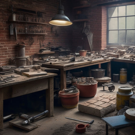 A cluttered workshop with brick-laying tools scattered around a central workbench, featuring a trowel, level, hammer, and wire cutters amidst scattered bricks and mortar.